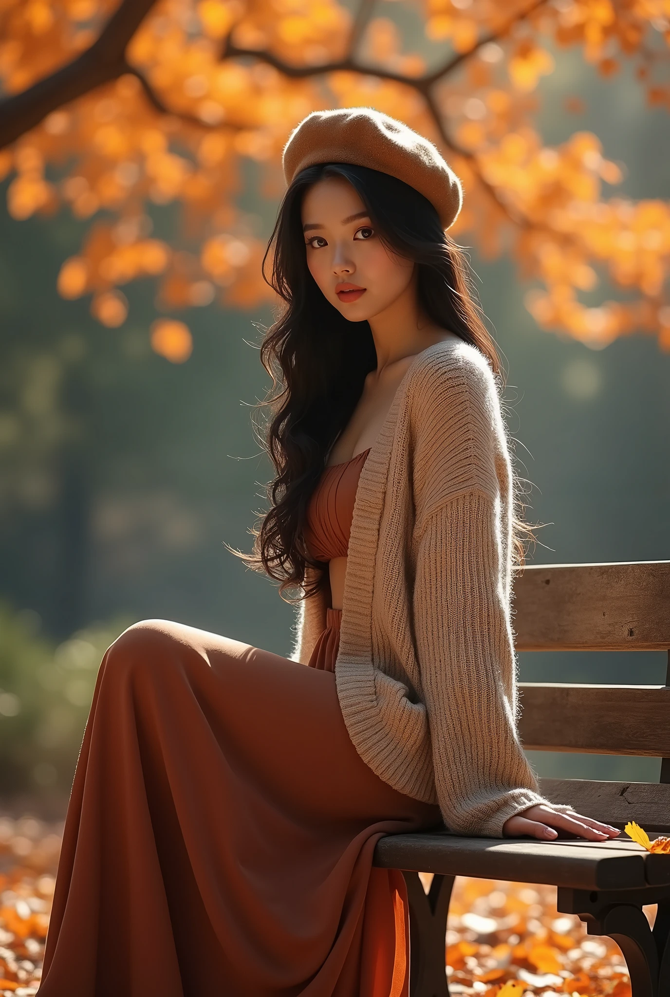 Asian woman, cardigans, long skirt, beret hat, sexy face, sexy pose, sitting on bench, autumn background