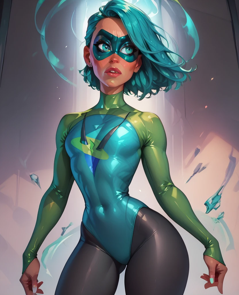 Voyd, turquoise eyes, teal hair, ssmile, tight lime green and teal leotard with sleeves, mask,