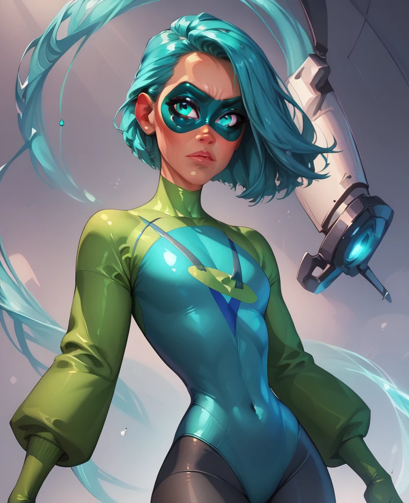 Voyd, turquoise eyes, teal hair, ssmile, tight lime green and teal leotard with sleeves, mask, 