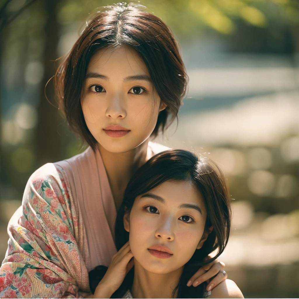 A hyper-realistic image of a single Japanese woman in her early 20s, captured from the shoulders up with the nostalgic warmth and subtle graininess of a film camera. She is wearing a traditional yukata with a vibrant, cute design featuring bold and colorful floral patterns such as cherry blossoms and peonies in shades of pink, red, and lavender, set against a soft pastel background. The obi is elegantly tied with a complementary color, adding a playful touch. The fabric of the yukata appears naturally lightweight, with visible folds and textures that enhance its realism, draping gracefully over her shoulders. Her skin, seen clearly from the shoulders up, has a warm beige tone with a highly realistic, slightly rough texture, showcasing visible pores, fine lines, and minor blemishes, along with subtle unevenness, such as delicate dryness around the cheeks and small natural shadows under the eyes. The lighting is soft and subdued, replicating the gentle, diffused natural light of an overcast day or early evening, creating realistic shadows across her face. These shadows subtly contour her cheekbones, nose, and jawline, adding depth and dimension to her facial features, enhancing the lifelike quality of her skin texture. Her straight, glossy black hair frames her face naturally, slightly tousled, adding to the authenticity of her look. Her deep brown eyes reflect the ambient light, providing depth and a natural, lifelike shine. The film camera effect introduces a noticeable grain and a soft focus, giving the image a warm, nostalgic atmosphere while maintaining the raw, lifelike quality of her skin. The composition is centered solely on her, capturing her serene and understated elegance, focusing closely on the detailed textures of the yukata and the authentic, natural skin texture, with dynamic lighting and shadow play that mimics a real-life photograph.