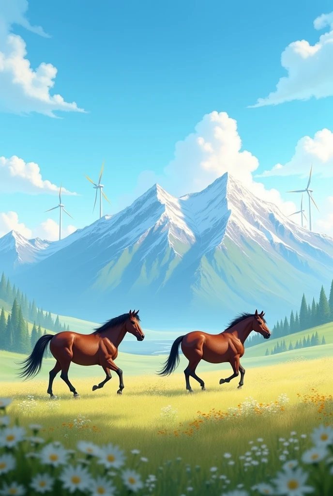 Blue sky with clouds , a mountain with windmills and two horses