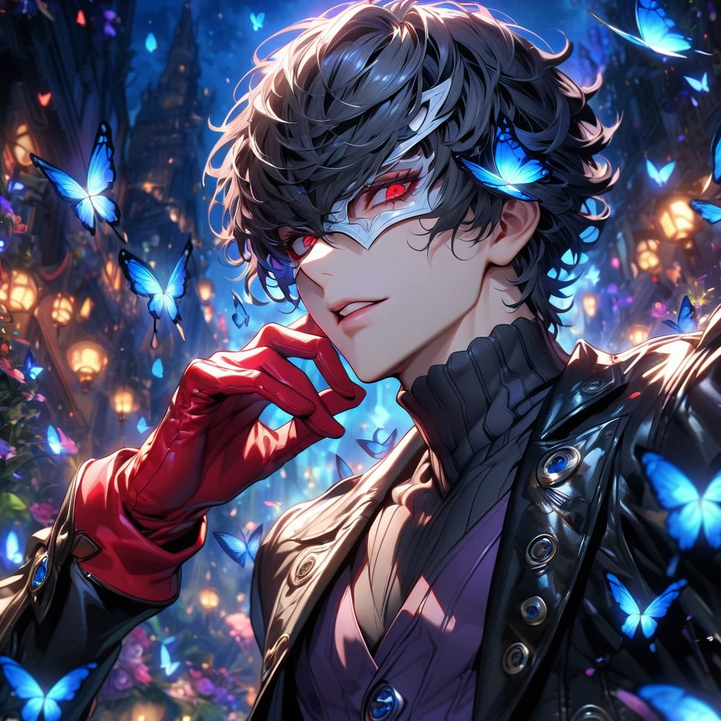 absurdres, highres, ultra detailed, HDR, masterpiece, extremely detailed, Joker, black hair, expressive red eyes, persona 5, solo, sexy man, handsome, sensual, adult face, black coat, dark gray turtleneck vest, red gloves, white eye mask, fantasy, blue shining moon, blue glittering butterflies, magical, fantasy, glittering, blue flowers, round blue fireflies