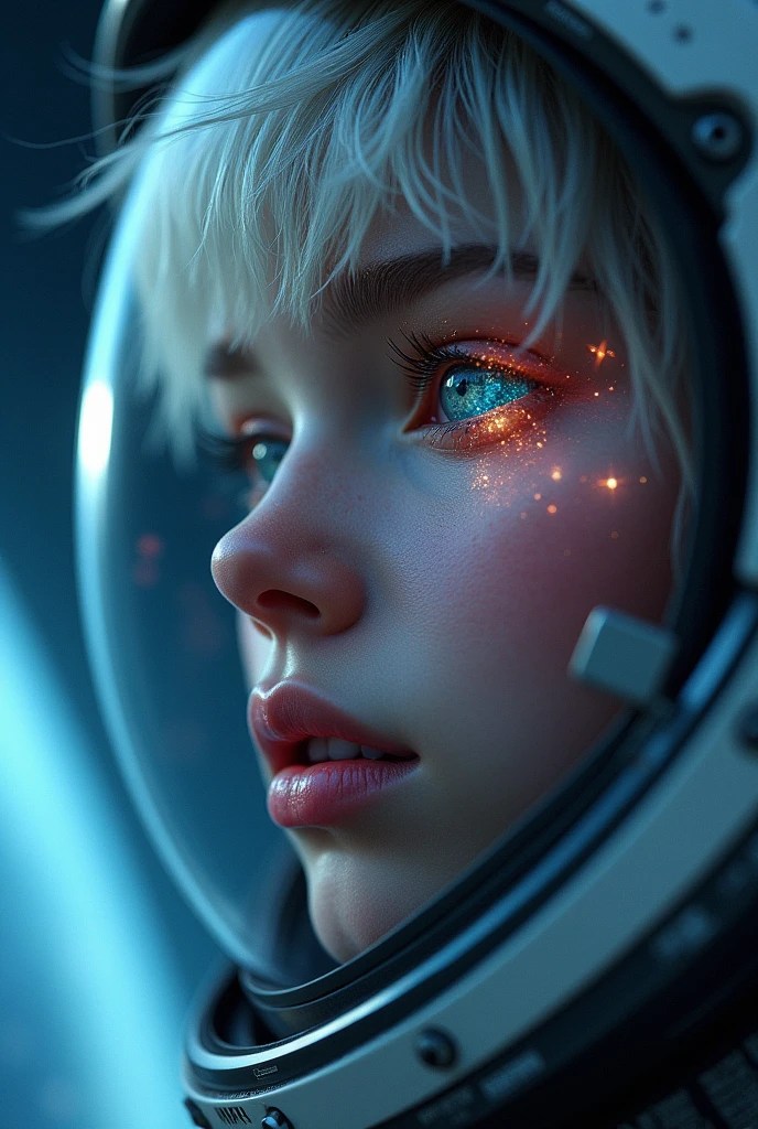 (Close-up of a better masterpiece:1.5)0.9], (Space and astronauts:1.2) (Messy silver hair:1.1) (Heterochromia xanthochromia and blue eyes:1.2) (Space Helmet:1.0) (Colored stars in the eyes:1.0) (A radiant glow:1.1) (thick lips:0.9)