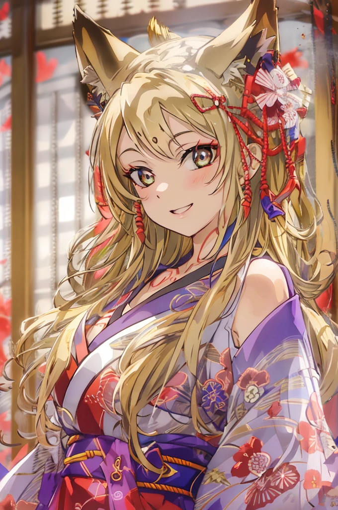 a beautiful woman with long blonde hair wearing a kimono in a japanese-style room, smiling and having big breasts and cleavage, with fox ears and red eyes, floating hearts around her, (best quality,4k,8k,highres,masterpiece:1.2),ultra-detailed,(realistic,photorealistic,photo-realistic:1.37),detailed eyes,detailed lips,extremely detailed face,long eyelashes,intricate detailed kimono,detailed japanese room interior,dramatic lighting,vivid colors,delicate petals in hair