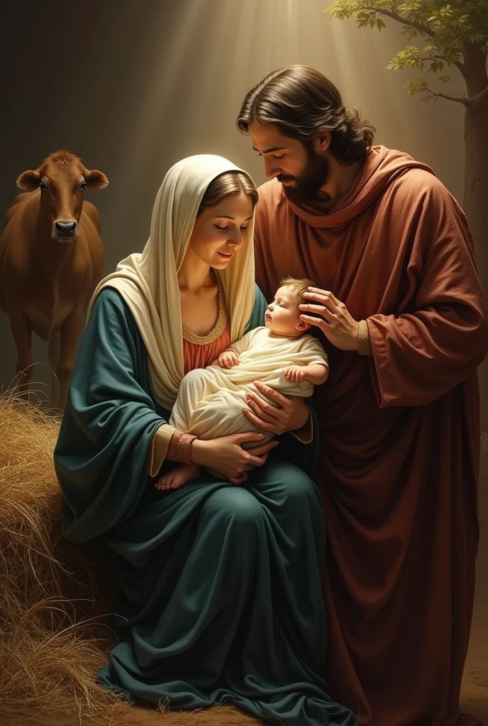 A painting of the Virgin Mary and Saint Joseph joyfully in the stable after the birth of Jesus.