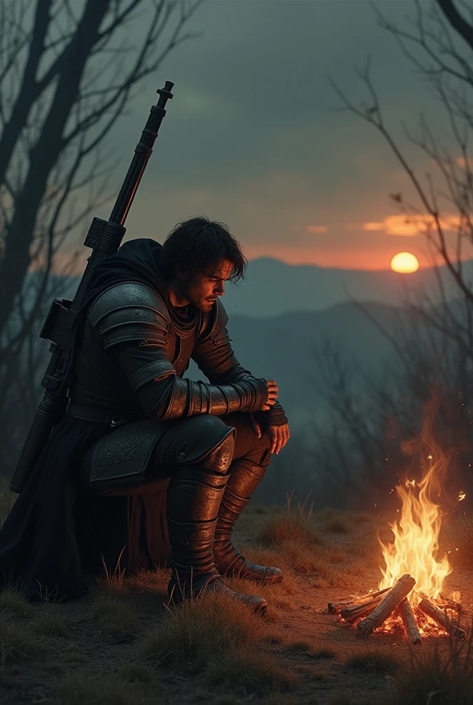 I want a picture of the character "bearer of the curse" From the video game "dark souls 2", relaxing by a campfire with the sun on the horizon, I want the character to look at the campfire, resting with his gun, hoping things get better, Well, that's a gentleman's day., a damn, a human being.
