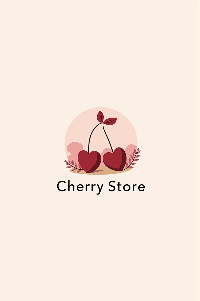 Logo for store with name " cherry store" with minimalist lettering, with heart shaped cherries, landscape in the background in shades of pink and white