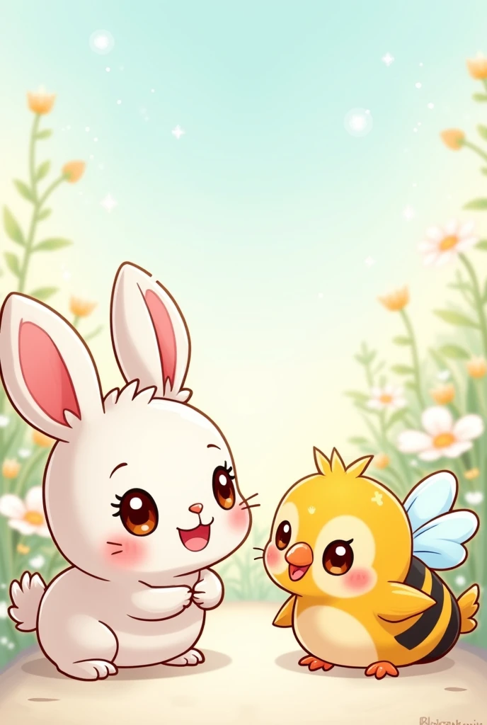 a rabbit, a little parrot and a bee of the same size anime chibi version
