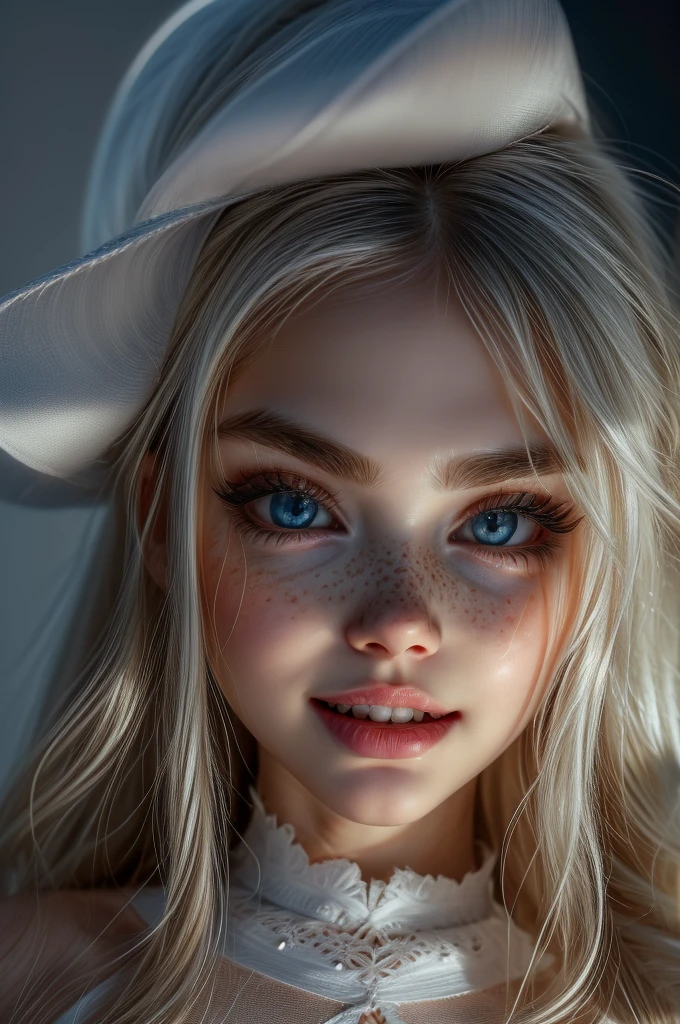 very beautiful woman, perfect face, long white hair, small sharp face, perfect big blue eyes, thin arched eyebrows, very thick and long eyelashes, close up face, freckles, small nose, black winged eyeliner, front view, looking at viewer, super white skin, russian soft small features, laughing with teeth, dimples 