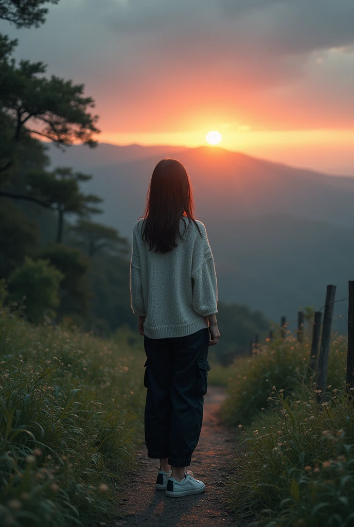 (((best quality))),(((very detail))),(((masterpiece))),illustration,((1 beautiful korean woman,Alone)),((slim, thin, given ideal)),( shoulder length straight hair: 1.2), loose hair, bright skin, (shiny skin: 1.3), Detailed eyes, laugh, (hudle knitwear, black cargo pants), delicate necklace, grass, dew drop, Trees, birds chirping, tranquility, gratitude, admiration, natural wonder, peace, satisfaction, the amazing world, summer, (pitch black dawn: 1.5), (night view: 1.3), ((whole body, from the front)), after the rain, (wet: 1.3), stand, on the path, On the top of the mountain, confident gaze, graceful posture, mysterious atmosphere, solemn mood, dawn is approaching, decoration details, (Sunrise: 1.3), (cloudy sky: 1.2), rainbow, (Countryside Scenery: 1.2), horizon, slender legs, sneakers,Realistic original photo 