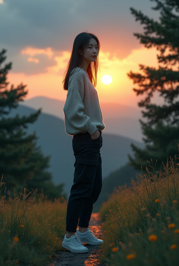 (((best quality))),(((very detail))),(((masterpiece))),illustration,((1 beautiful korean woman,Alone)),((slim, thin, given ideal)),( shoulder length straight hair: 1.2), loose hair, bright skin, (shiny skin: 1.3), Detailed eyes, laugh, (hudle knitwear, black cargo pants), delicate necklace, grass, dew drop, Trees, birds chirping, tranquility, gratitude, admiration, natural wonder, peace, satisfaction, the amazing world, summer, (pitch black dawn: 1.5), (night view: 1.3), ((whole body, from the front)), after the rain, (wet: 1.3), stand, on the path, On the top of the mountain, confident gaze, graceful posture, mysterious atmosphere, solemn mood, dawn is approaching, decoration details, (Sunrise: 1.3), (cloudy sky: 1.2), rainbow, (Countryside Scenery: 1.2), horizon, slender legs, sneakers,Realistic original photo