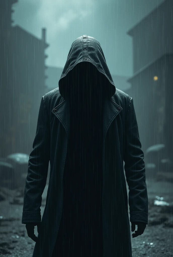 Man in black hoodie, natta, heavy storm and rain, 