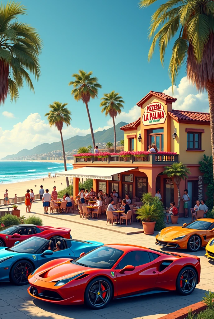 Create a picture of a restaurant called Pizzeria La Palma and have lots of people and palm trees standing on the beach in front of it and lots of sports cars in the parking lots