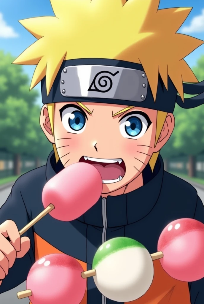 Naruto eats a pink skewer, white, green hanami dango, Hanami Dango colorful 3 pieces on one skewer🍡