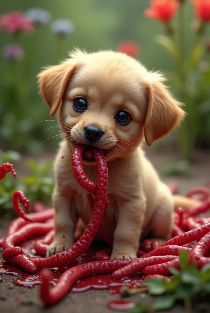 Puppy eating bloody worms

