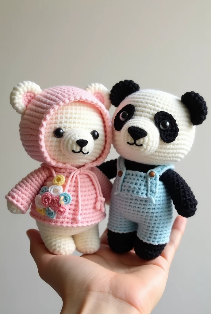 Produk desain,mini plushie, amigurumi , , A chubby bear with white color, wearing pastel pink Hoodie to cover the head, and wearing pink dress, wearing crochet flower sling bag and a chubby panda, wearing pastel blue jumpsuit, wearing crochet Sling bag, brand's eyes are made of black amigurumi eyes, , kawaii design,Head size is larger than body, Product photo with plushie Standing on the wrist