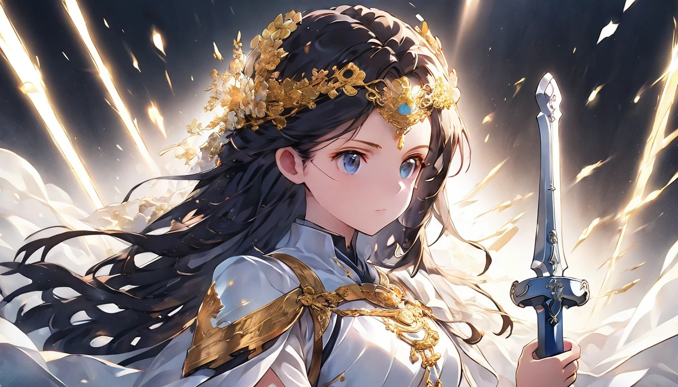 "An anime-style illustration of a strong, radiant female warrior standing confidently, depicted in a full-body shot from head to toe. She is adorned in gleaming armor with golden accents that reflect the light, and her long flowing black hair glows with an ethereal, almost divine light. Her eyes are bright and determined, embodying the essence of courage and bravery. She firmly grasps the hilt of a glowing greatsword with both hands, positioned as if ready for battle, with light radiating from the blade. The sword is held securely with both of her hands around the hilt, ensuring a powerful and controlled grip, symbolizing her connection to the power of light. The background is a bright, celestial scene with beams of light shining down, casting her in a heroic aura. The character should be centered in the image with her entire body visible, including her feet, standing tall and confidently, making it a perfect fit for the 'Brave Music' YouTube channel.",whole body