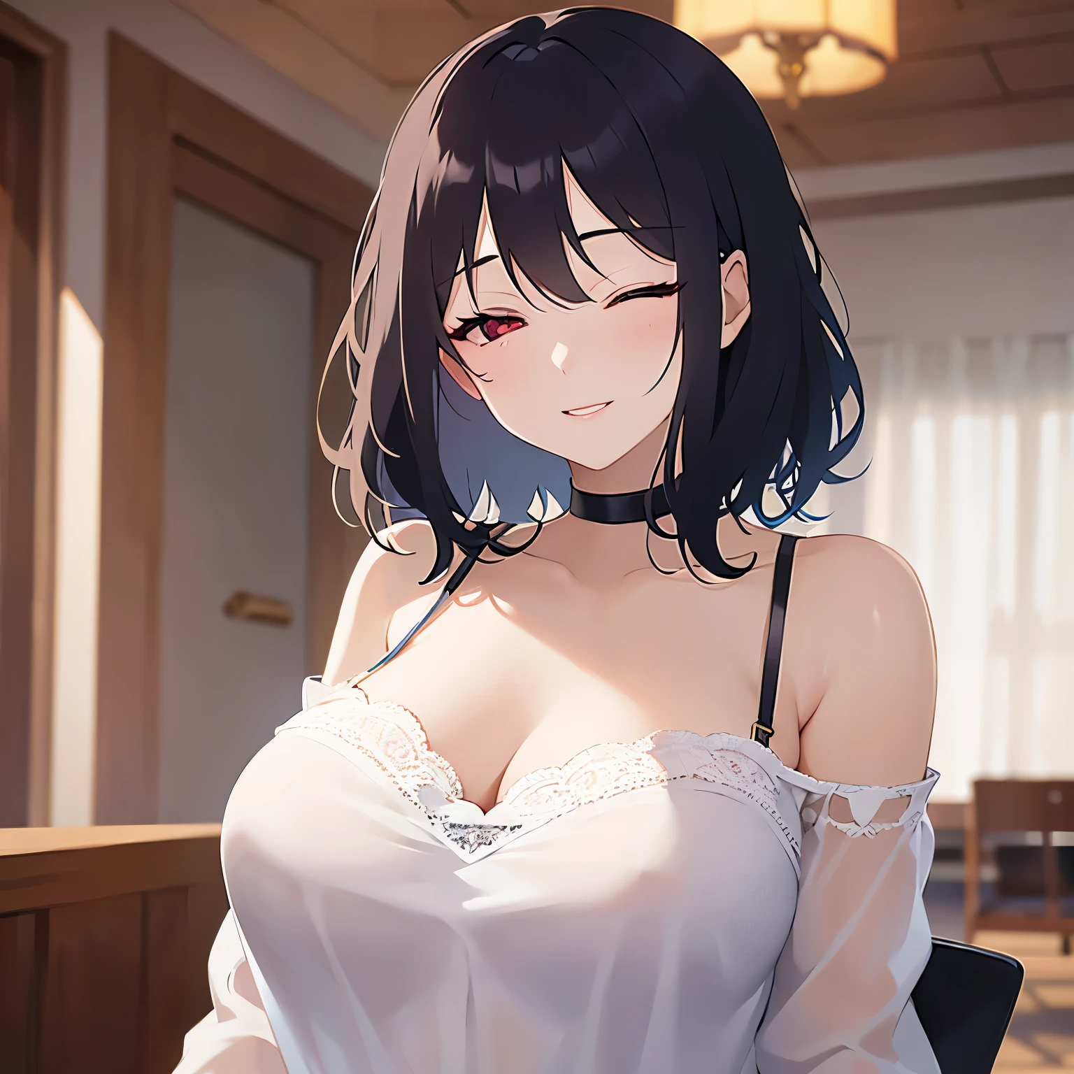 mature female、big breasts, Upper Body, (pale skin:1.2), shiny skin, shiny hair、(A woman in her 40s) and (bob cut) and (wavy hair) and (hair between eyes) and (black hair) and (red eyes) and (one eye closed:1.3), (white) and (off shoulder blouse) 、smile, Alone、Are standing、The background is the living room