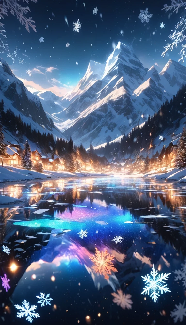 dark canvas, Transparent and sparkling snowflakes fall, [Transparent holographic reflection], An absurd landscape created by snowflakes, A world so beautiful it leaves you speechless, ((((sharpness)))), As delicate as silk