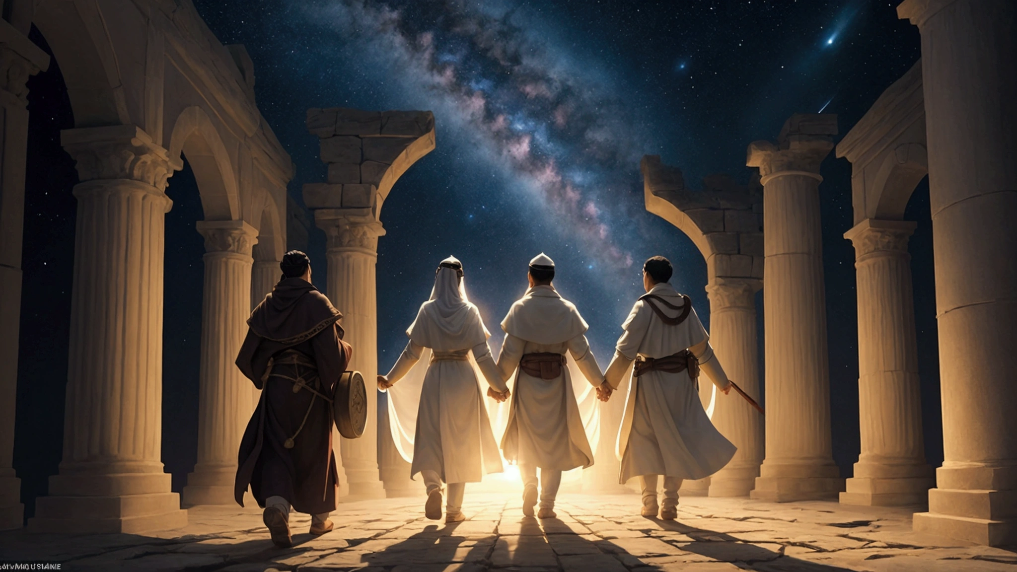 "Description: Create a poignant visual narrative depicting individuals from various historical and cultural backgrounds embarking on a journey towards their eternal reward. Show diverse figures walking on a path illuminated by celestial light, symbolizing their faith and righteousness leading to the promise of eternal life.
Details: Incorporate elements such as ancient scrolls or sacred texts carried by the figures, signifying their spiritual journey. Use soft, celestial colors and gentle lighting to convey a sense of spiritual progression and divine guidance. This visual should convey the timeless theme of faith and righteousness as pathways to eternal reward."
