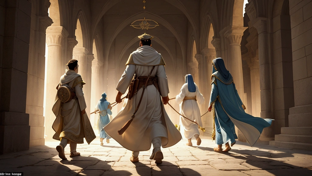 "Description: Create a moving visual narrative depicting individuals from different historical and cultural backgrounds embarking on a journey toward their eternal reward. Show different figures walking along a path illuminated by heavenly light, symbolizing their faith and righteousness leading to the promise of eternal life.
detaileds: Incorporate elements such as ancient scrolls or sacred texts carried by the figures, representing your spiritual journey. Use suave, celestial colors and soft lighting to convey a sense of spiritual progression and divine guidance. This visualization should convey the timeless theme of faith and righteousness as paths to eternal reward.."