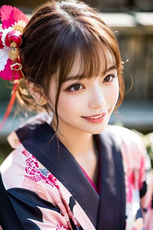 1 person, (Wearing a pink floral kimono.:1.2), Very beautiful Japanese idol portraits, 
(RAW Photos, Highest quality), (Realistic, Realistic:1.4), (masterpiece), 
Very delicate and beautiful, Very detailed, 2k wallpaper, wonderful, finely, Very detailed CG Unity 8k 壁紙, Very detailed, High resolution, Soft Light, 
Beautiful details, Very detailedの目と顔, Beautiful and sophisticated nose, Beautiful and beautiful eyes, Cinema Lighting, 
(Commemorative photo in Kyoto:1.3), (blue sky), 
(Japanese hairstyle), (Tie your hair at the back:1.3), (bangs), (hairpin), 
Complete Anatomy, Slender body, Small breasts, smile