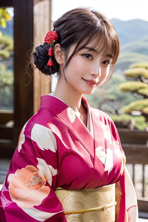 1 person, (Wearing a pink floral kimono.:1.2), Very beautiful Japanese idol portraits, 
(RAW Photos, Highest quality), (Realistic, Realistic:1.4), (masterpiece), 
Very delicate and beautiful, Very detailed, 2k wallpaper, wonderful, finely, Very detailed CG Unity 8k 壁紙, Very detailed, High resolution, Soft Light, 
Beautiful details, Very detailedの目と顔, Beautiful and sophisticated nose, Beautiful and beautiful eyes, Cinema Lighting, 
(Commemorative photo in Kyoto:1.3), (blue sky), 
(Japanese hairstyle), (Tie your hair at the back:1.3), (bangs), (hairpin), 
Complete Anatomy, Slender body, Small breasts, smile