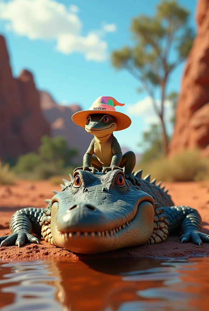 A charming thorny devil lizard perched atop the head of a formidable saltwater crocodile. The thorny devil wears a miniature, pastel-colored sunhat with the letters 'GEM' embroidered on its brim. The crocodile's scaly skin glistens in the sunlight, its eyes barely visible above the waterline. The background showcases the rugged beauty of Australia's Kimberley region: rich red earth, weathered sandstone formations, and scattered eucalyptus trees. A vibrant blue sky with wispy clouds completes the scene. The lighting suggests late afternoon, casting a warm glow over the landscape and the unlikely pair of reptiles.