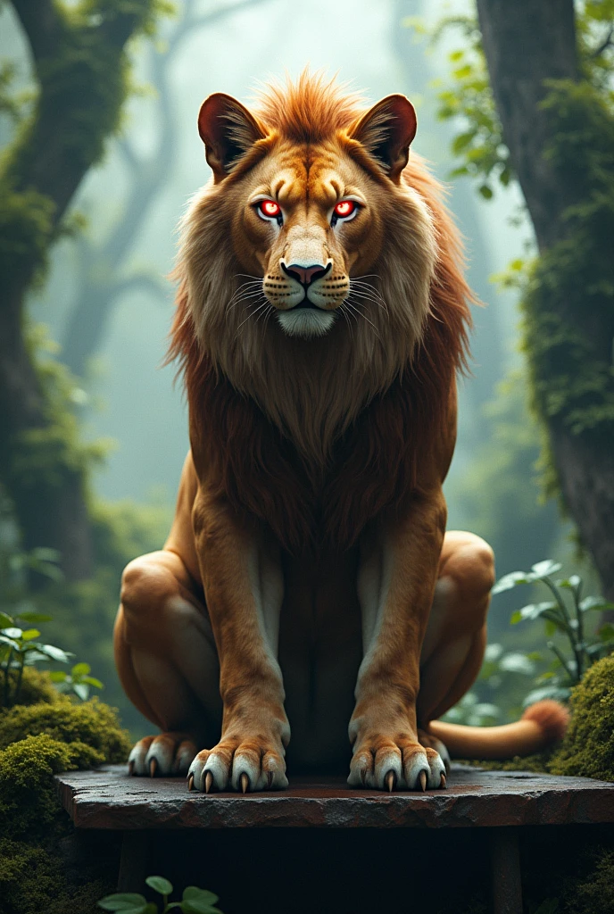 Lion with body sout in the forest and red eyes and sitting on the desk and red eyes and looking like a cat in the forest future