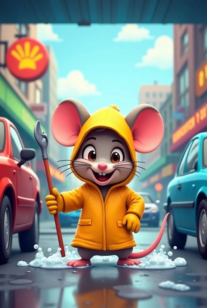 A logo of an animated mouse working at a car wash.
