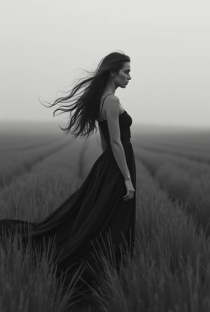 woman in a dress standing in a field of tall grass, inspired by Katia Chausheva, wild languid woman, black and white art photography, by Katia Chausheva, in a field, by Lucia Peka, in an empty field, by Caro Niederer, in a dark field, in a dry field, by Lizzy Ansingh