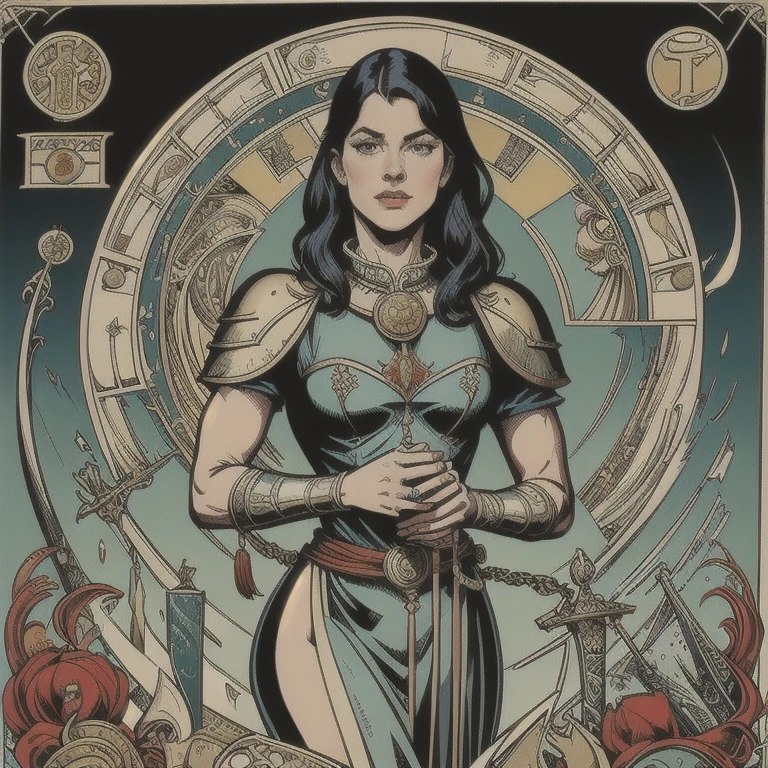 a highly detailed tarot card illustration of justice, medium scale, balance scales, sword, (Morgan Greer Tarot:1.2), retro art style, thick outlines, english text, roman numerals, photorealistic, 8k, best quality, masterpiece