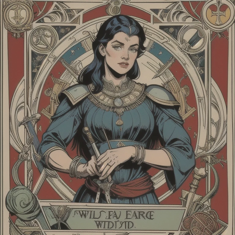 a highly detailed tarot card illustration of justice, medium scale, balance scales, sword, (Morgan Greer Tarot:1.2), retro art style, thick outlines, english text, roman numerals, photorealistic, 8k, best quality, masterpiece