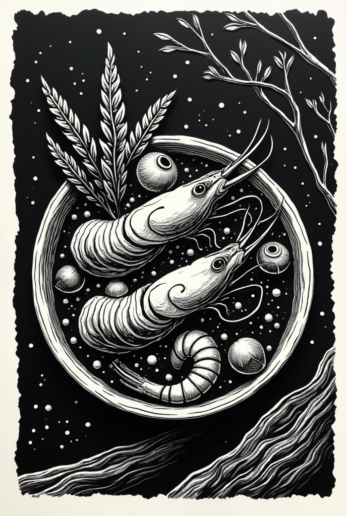 create an artistic black and white shrimp bobó woodcut
