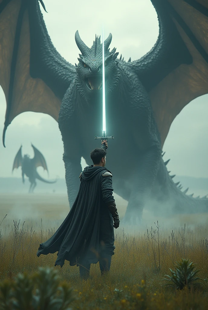a strong, young man, serious-looking man, fighting powerful black dragons, in the background are several colossal dragons. the man is brandishing a sword of blinding light. The landscape is of green fields in the background. Lord of the Ring, Skyrim. Epic