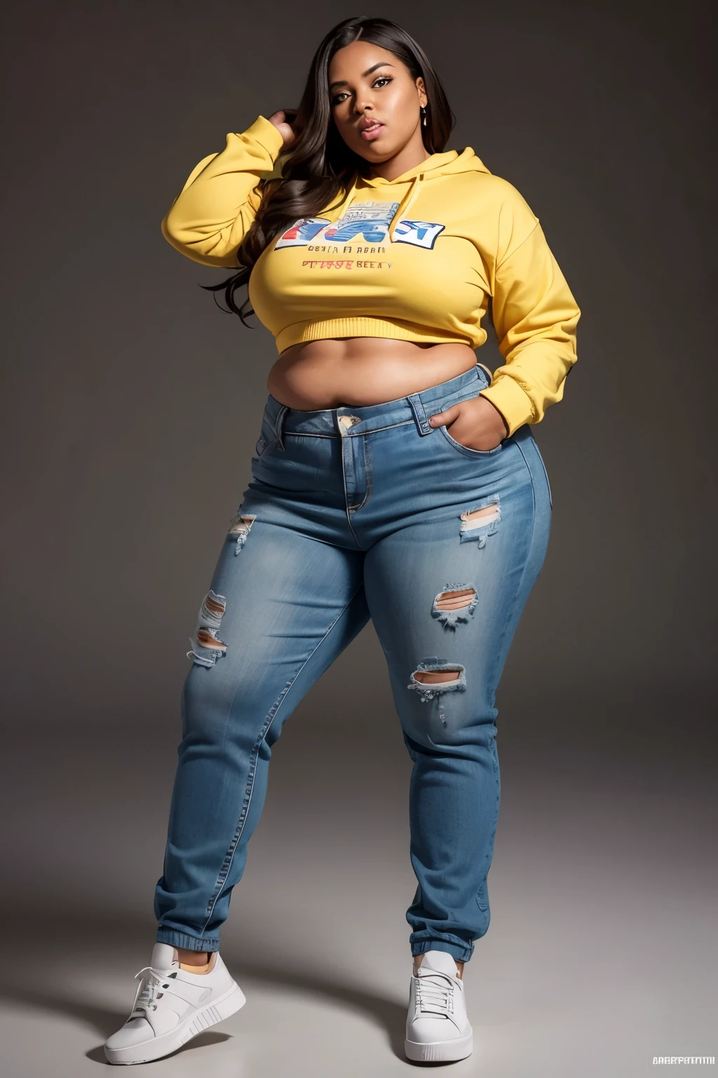 RAW, Best quality, high resolution, Masterpiece: 1.3), Beautiful representation of a 300-pound Person American SSBBW 46DD-26-48 (Big Beautiful Woman) in streetwear, Masterpiece: 1.3, Realistic, Detailed, 1person, Saggy-belly, Dimpled-face, Warm skin tone, Comfortable clothing, Colorful casual outfit, Hoodie, yellow boxers, Sneakers, Soulful expression, Charming personality, Expressive, Engaging, Captivating, Inviting, Authentic representation of body positivity, Confident and proud. 3D Octane rendering, ray tracing, super detailing viewer