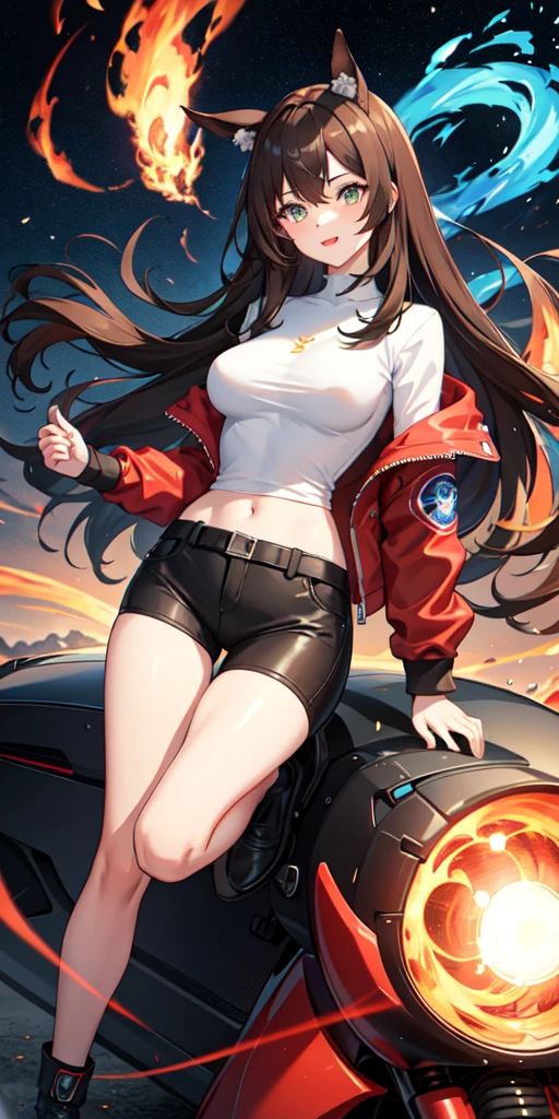 1 person,woman,Medium long hairstyle,Brown Hair,blue flame, Vortex of flames,wallpaper, wind景,Depth of written boundary, night, Particles of light, light, Side light, Thighs,****, cloud,gauze, Large Breasts, Green Eyes, Horse ears, Bright smile,Open your mouth,wind,Riding a red motorcycle,vehicle,Driving,Straddle,Riders jacket,Riders pants,sunglasses,