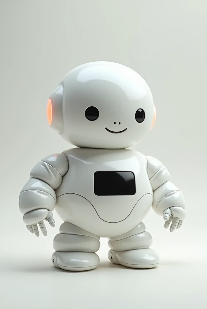 A cute robot made to care for the elderly, he is not that tall and is relatively fat, design simples mas caricato, It is completely white and made of an inflatable material., has fingers and hands, It has legs but no feet and in its belly it carries a display or screen