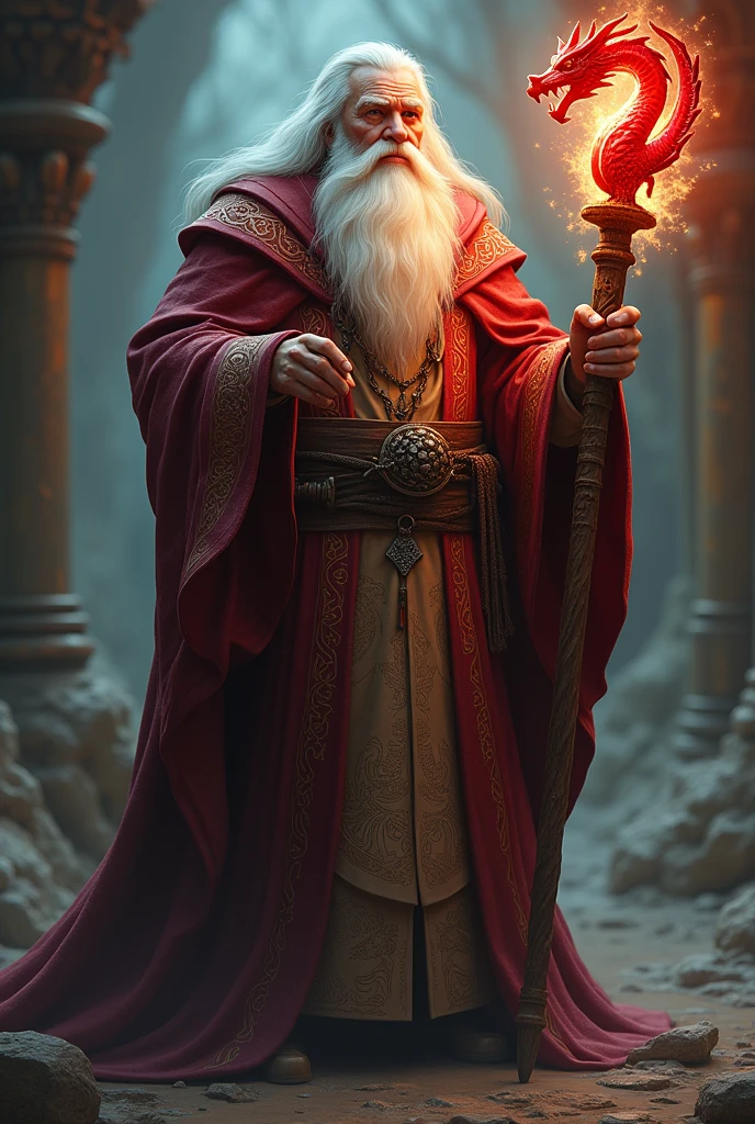 mentor:name: Eldric ThornwoodDescription: Eldric is a wise old man with a long white beard and an imposing presence.. He carries a Red Dragon staff, that emits a warm and powerful aura. Eldric has vast knowledge of magic and ancient traditions and acts as a mentor to the hero..