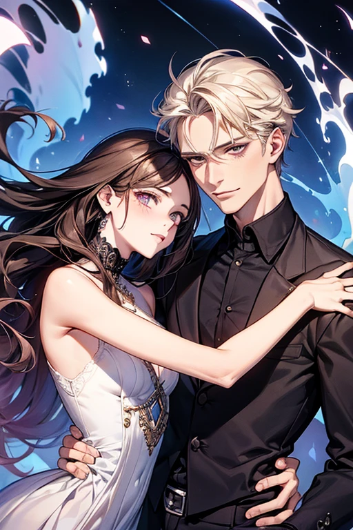 (ultra detalhado, absolutamente resolução, melhor qualidade:1.3), 2.5D, bela moça, fleeting e sad expression, cabelo liso castanho claro bagunçado em camadas, testa, (attractive e seductive) e (amorous e lewd) Face, inventar, vestindo um vestido preto de estilingue, proporções glamourosas, fundo escuro e opaco, delicate e dynamic effects, efeitos de filtro nebulosos, efeitos de iluminação iridescente, artístico, Hiper, arte digital gráfica em CG, BREAK olhos escuros, man and woman, couple, love, mature, a cat woman, she has freckles, she has dark brown eyes and an upturned nose, she is happy and smiling, she has long wavy hair, black hair, she is wearing aviator sunglasses with clear lenses in a soft watercolor style. The girl's clothes must be pink, purple, and blue in celebration of the bisexual, with stains of ink and watercolor mixing and filling the scene. he has blonde hair, he is handsome, he is slim. There should be a subtle, nuanced change in colors using the impasto technique with gouache paint. There should be a light rain in the watercolor painting with a little watercolor paper texture and a pastel background.