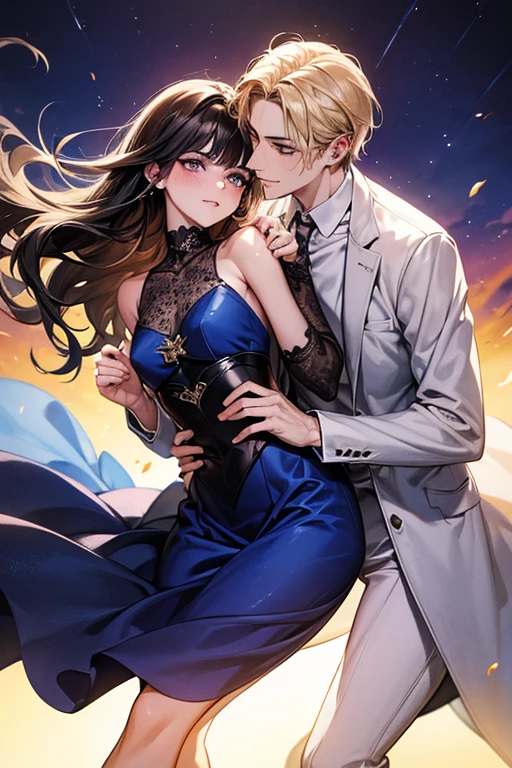 (ultra detalhado, absolutamente resolução, melhor qualidade:1.3), 2.5D, bela moça, fleeting e sad expression, cabelo liso castanho claro bagunçado em camadas, testa, (attractive e seductive) e (amorous e lewd) Face, inventar, vestindo um vestido preto de estilingue, proporções glamourosas, fundo escuro e opaco, delicate e dynamic effects, efeitos de filtro nebulosos, efeitos de iluminação iridescente, artístico, Hiper, arte digital gráfica em CG, BREAK olhos escuros, man and woman, couple, love, mature, a cat woman, she has freckles, she has dark brown eyes and an upturned nose, she is happy and smiling, she has long wavy hair, black hair, she is wearing aviator sunglasses with clear lenses in a soft watercolor style. The girl's clothes must be pink, purple, and blue in celebration of the bisexual, with stains of ink and watercolor mixing and filling the scene. he has blonde hair, he is handsome, he is slim. There should be a subtle, nuanced change in colors using the impasto technique with gouache paint. There should be a light rain in the watercolor painting with a little watercolor paper texture and a pastel background.
