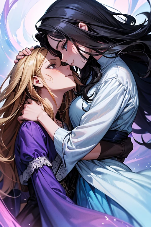(ultra detalhado, absolutamente resolução, melhor qualidade:1.3), 2.5D, bela moça, fleeting e sad expression, cabelo liso castanho claro bagunçado em camadas, testa, (attractive e seductive) e (amorous e lewd) Face, inventar, vestindo um vestido preto de estilingue, proporções glamourosas, fundo escuro e opaco, delicate e dynamic effects, efeitos de filtro nebulosos, efeitos de iluminação iridescente, artístico, Hiper, arte digital gráfica em CG, BREAK olhos escuros, man and woman, couple, love, mature, a cat woman, she has freckles, she has dark brown eyes and an upturned nose, she is happy and smiling, she has long wavy hair, black hair, she is wearing aviator sunglasses with clear lenses in a soft watercolor style. The girl's clothes must be pink, purple, and blue in celebration of the bisexual, with stains of ink and watercolor mixing and filling the scene. he has blonde hair, he is handsome, he is slim. There should be a subtle, nuanced change in colors using the impasto technique with gouache paint. There should be a light rain in the watercolor painting with a little watercolor paper texture and a pastel background.