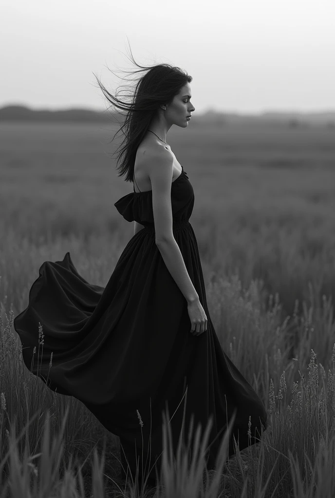 woman in a dress standing in a field of tall grass, inspired by Katia Chausheva, wild languid woman, black and white art photography, by Katia Chausheva, in a field, by Lucia Peka, in an empty field, by Caro Niederer, in a dark field, in a dry field, by Lizzy Ansingh