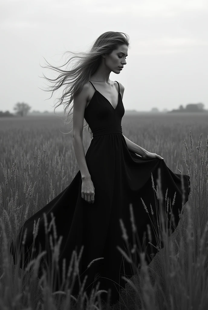 woman in a dress standing in a field of tall grass, inspired by Katia Chausheva, wild languid woman, black and white art photography, by Katia Chausheva, in a field, by Lucia Peka, in an empty field, by Caro Niederer, in a dark field, in a dry field, by Lizzy Ansingh