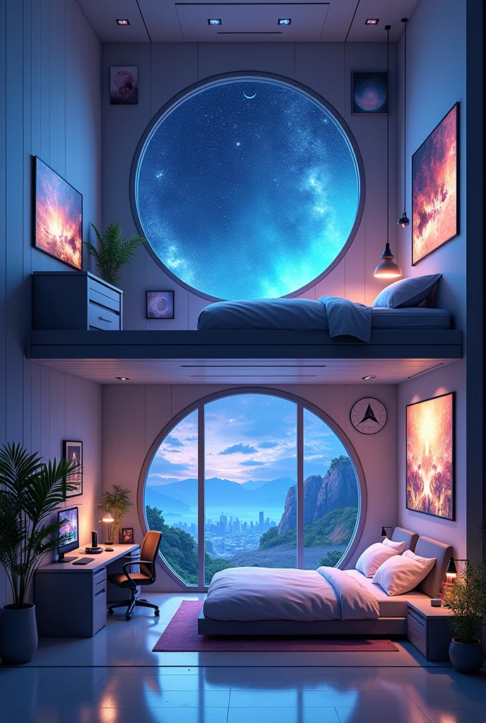 (without color), (anime style), bedroom with two floors; futuristic, modern and galaxy theme, view from the front corner of the room. Downstairs there is a bed and a gaming computer, above there is a large window with seating and a map of the galaxy and artifacts.