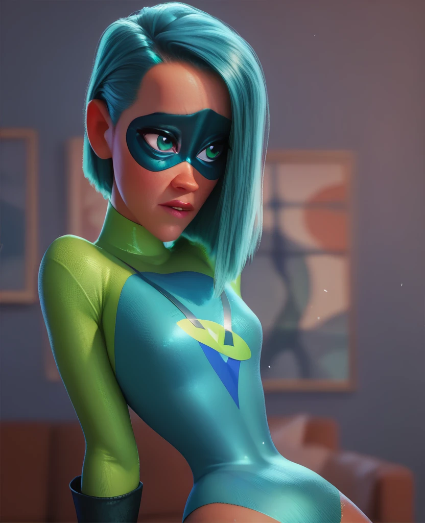 Voyd, turquoise eyes, teal hair, ssmile, tight lime green and teal leotard with sleeves, mask, 