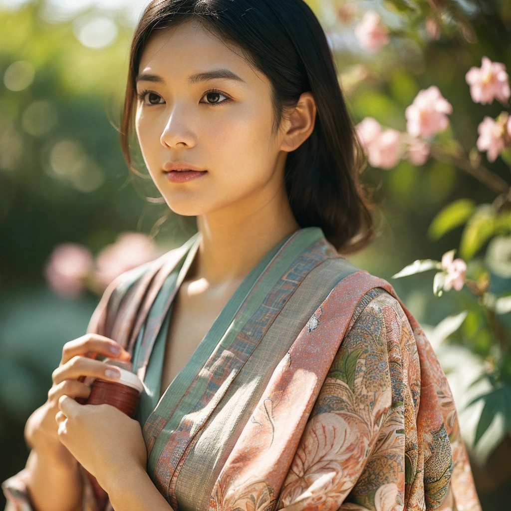 A hyper-realistic image of a single Japanese woman in her early 20s, captured from the shoulders up with the nostalgic warmth and subtle graininess of a film camera. She is wearing a traditional yukata with a vibrant, cute design featuring bold and colorful floral patterns such as cherry blossoms and peonies in shades of pink, red, and lavender, set against a soft pastel background. The obi is elegantly tied with a complementary color, adding a playful touch. The fabric of the yukata appears naturally lightweight, with visible folds and textures that enhance its realism, draping gracefully over her shoulders. Her skin, seen clearly from the shoulders up, has a warm beige tone with a highly realistic, slightly rough texture, showcasing visible pores, fine lines, and minor blemishes, along with subtle unevenness, such as delicate dryness around the cheeks and small natural shadows under the eyes. The lighting is soft and subdued, replicating the gentle, diffused natural light of an overcast day or early evening, creating realistic shadows across her face. These shadows subtly contour her cheekbones, nose, and jawline, adding depth and dimension to her facial features, enhancing the lifelike quality of her skin texture. Her straight, glossy black hair frames her face naturally, slightly tousled, adding to the authenticity of her look. Her deep brown eyes reflect the ambient light, providing depth and a natural, lifelike shine. The film camera effect introduces a noticeable grain and a soft focus, giving the image a warm, nostalgic atmosphere while maintaining the raw, lifelike quality of her skin. The composition is centered solely on her, capturing her serene and understated elegance, focusing closely on the detailed textures of the yukata and the authentic, natural skin texture, with dynamic lighting and shadow play that mimics a real-life photograph.