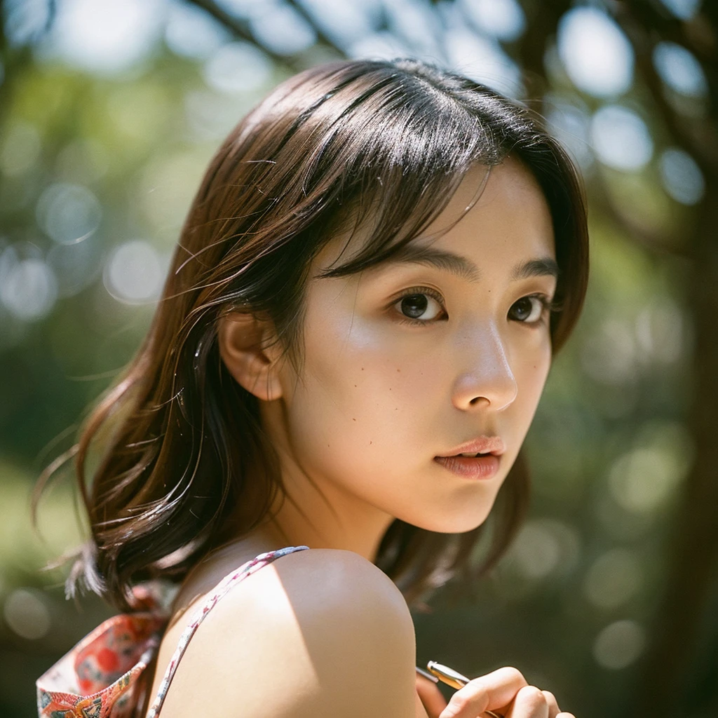 A hyper-realistic image of a single Japanese woman in her early 20s, captured from the shoulders up with the nostalgic warmth and subtle graininess of a film camera. She is wearing a traditional yukata with a vibrant, cute design featuring bold and colorful floral patterns such as cherry blossoms and peonies in shades of pink, red, and lavender, set against a soft pastel background. The obi is elegantly tied with a complementary color, adding a playful touch. The fabric of the yukata appears naturally lightweight, with visible folds and textures that enhance its realism, draping gracefully over her shoulders. Her skin, seen clearly from the shoulders up, has a warm beige tone with a highly realistic, slightly rough texture, showcasing visible pores, fine lines, and minor blemishes, along with subtle unevenness, such as delicate dryness around the cheeks and small natural shadows under the eyes. The lighting is soft and subdued, replicating the gentle, diffused natural light of an overcast day or early evening, creating realistic shadows across her face. These shadows subtly contour her cheekbones, nose, and jawline, adding depth and dimension to her facial features, enhancing the lifelike quality of her skin texture. Her straight, glossy black hair frames her face naturally, slightly tousled, adding to the authenticity of her look. Her deep brown eyes reflect the ambient light, providing depth and a natural, lifelike shine. The film camera effect introduces a noticeable grain and a soft focus, giving the image a warm, nostalgic atmosphere while maintaining the raw, lifelike quality of her skin. The composition is centered solely on her, capturing her serene and understated elegance, focusing closely on the detailed textures of the yukata and the authentic, natural skin texture, with dynamic lighting and shadow play that mimics a real-life photograph.