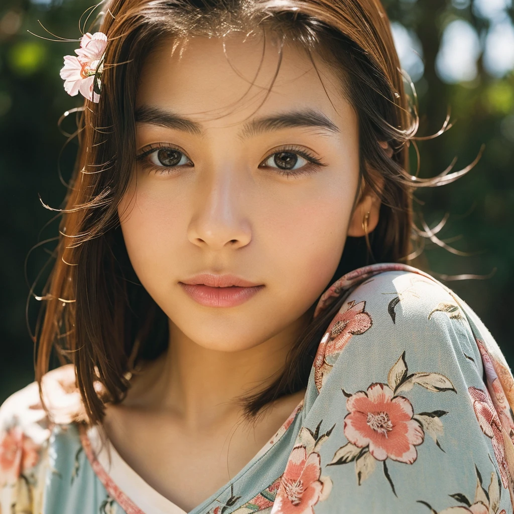 A hyper-realistic image of a single Japanese woman in her early 20s, captured from the shoulders up with the nostalgic warmth and subtle graininess of a film camera. She is wearing a traditional yukata with a vibrant, cute design featuring bold and colorful floral patterns such as cherry blossoms and peonies in shades of pink, red, and lavender, set against a soft pastel background. The obi is elegantly tied with a complementary color, adding a playful touch. The fabric of the yukata appears naturally lightweight, with visible folds and textures that enhance its realism, draping gracefully over her shoulders. Her skin, seen clearly from the shoulders up, has a warm beige tone with a highly realistic, slightly rough texture, showcasing visible pores, fine lines, and minor blemishes, along with subtle unevenness, such as delicate dryness around the cheeks and small natural shadows under the eyes. The lighting is soft and subdued, replicating the gentle, diffused natural light of an overcast day or early evening, creating realistic shadows across her face. These shadows subtly contour her cheekbones, nose, and jawline, adding depth and dimension to her facial features, enhancing the lifelike quality of her skin texture. Her straight, glossy black hair frames her face naturally, slightly tousled, adding to the authenticity of her look. Her deep brown eyes reflect the ambient light, providing depth and a natural, lifelike shine. The film camera effect introduces a noticeable grain and a soft focus, giving the image a warm, nostalgic atmosphere while maintaining the raw, lifelike quality of her skin. The composition is centered solely on her, capturing her serene and understated elegance, focusing closely on the detailed textures of the yukata and the authentic, natural skin texture, with dynamic lighting and shadow play that mimics a real-life photograph.