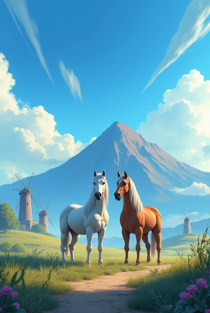 Blue sky with clouds , a mountain with windmills of Don Quixote and two horses